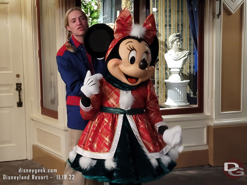 Minnie in her new holiday outfit in Town Square.