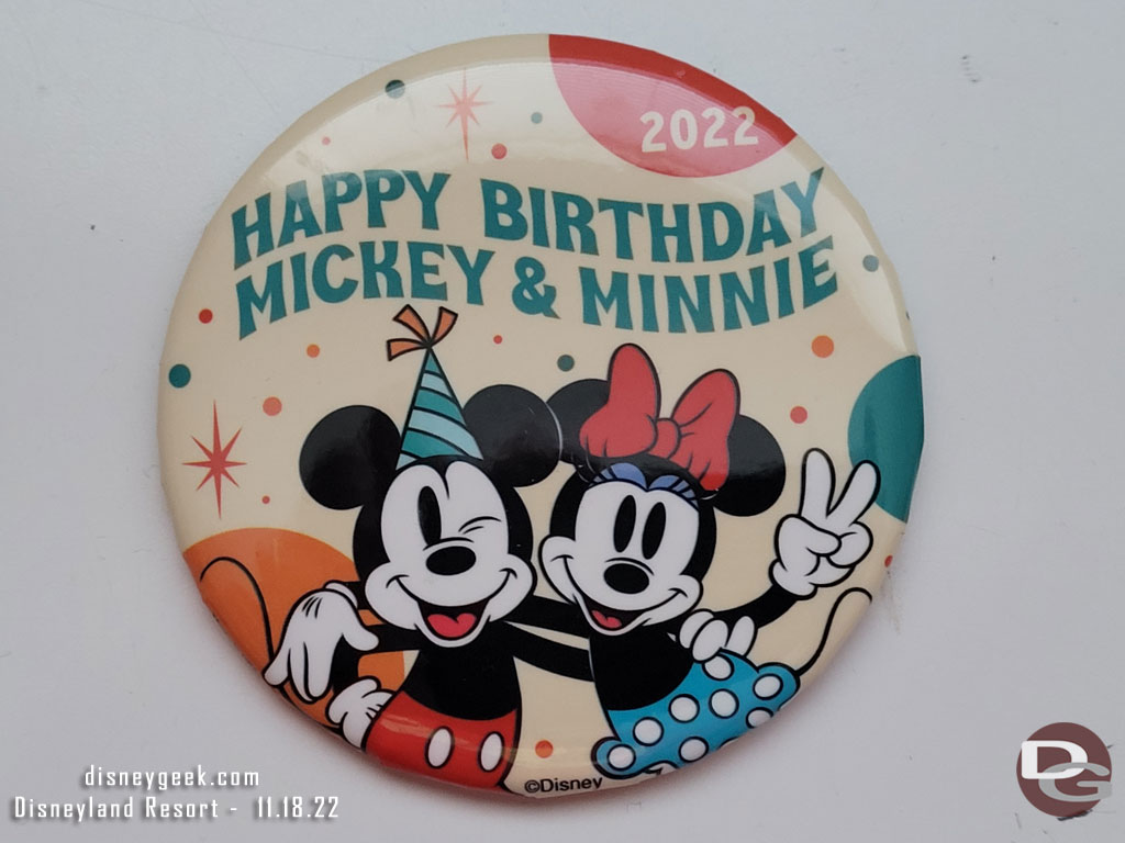 As you entered the park this morning you received a button to commemorate Mickey and Minnie