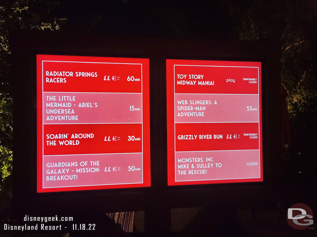 8:29pm - Some Disney California Adventure wait times