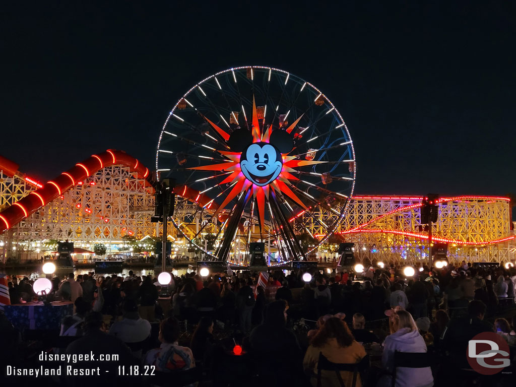 8:47pm - They let us in for World of Color, found a spot in the blue section.