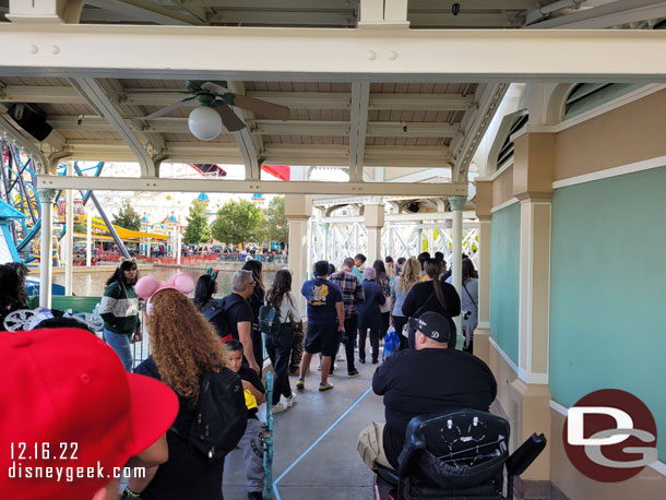 A cast member was directing you into a line.  The lines were not even.  The left one I got put into wrapped around the benches, etc.. the inner/right one went right around.