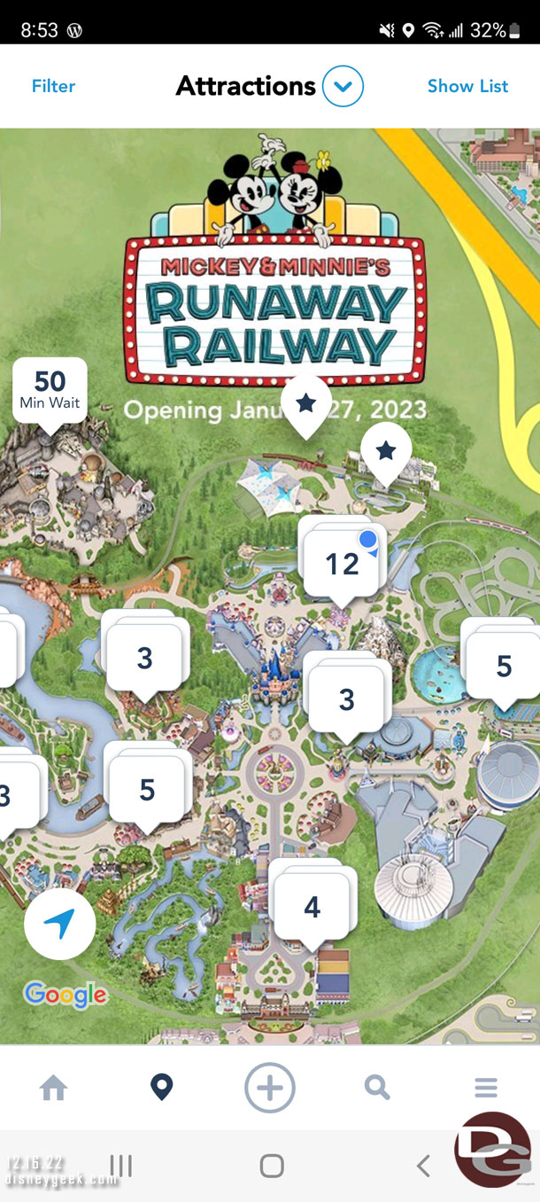 An ad for Runaway Railway on the map in the Disneyland App.