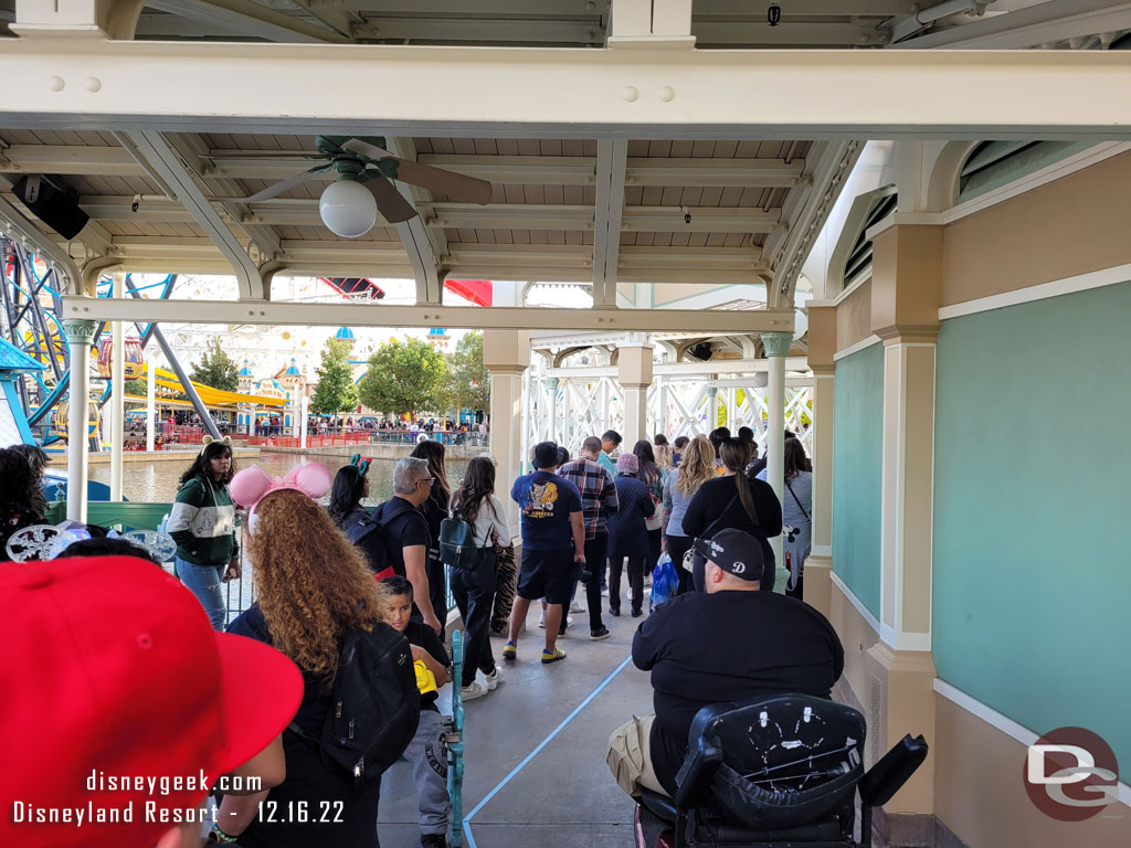 A cast member was directing you into a line.  The lines were not even.  The left one I got put into wrapped around the benches, etc.. the inner/right one went right around.