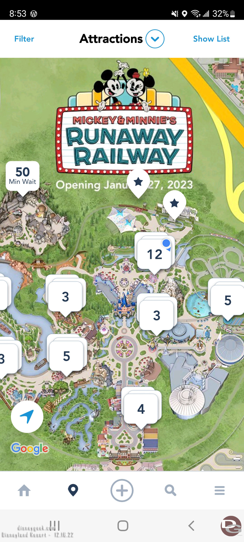 An ad for Runaway Railway on the map in the Disneyland App.