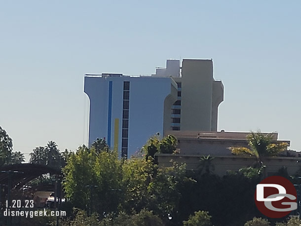 Not a lot of visible progress on the Pixar Place Hotel from this angle.