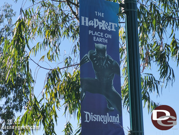 A Black Panther banner along the walkway to Downtown Disney