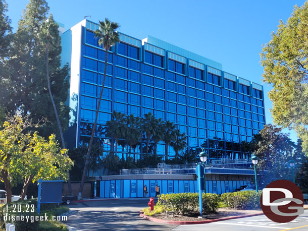 Work on the luggage storage area in front of the Disneyland Hotel continues