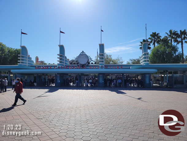 A Disney100 Medallion above the entrance to Disney California Adventure