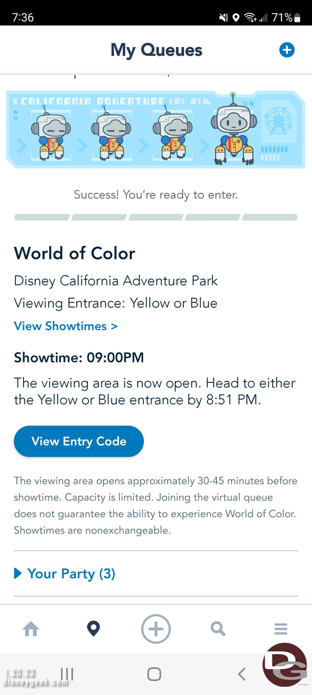 Received a push notification that the World of Color viewing area opened almost 90 minutes prior to show time.