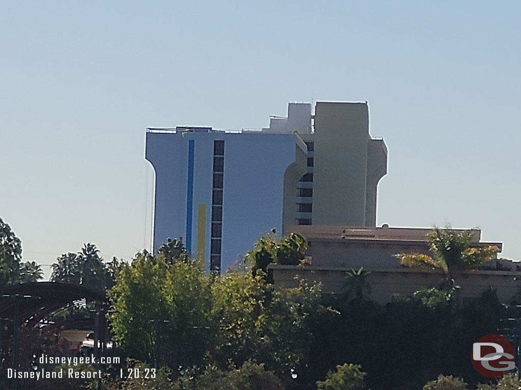 Not a lot of visible progress on the Pixar Place Hotel from this angle.