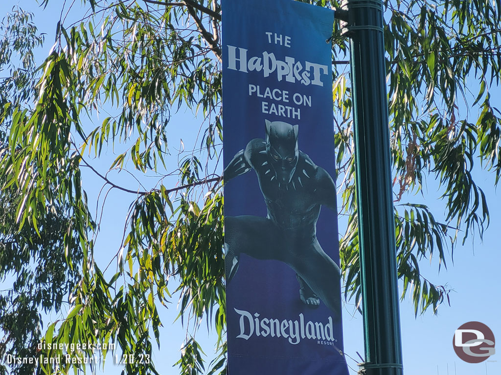 A Black Panther banner along the walkway to Downtown Disney