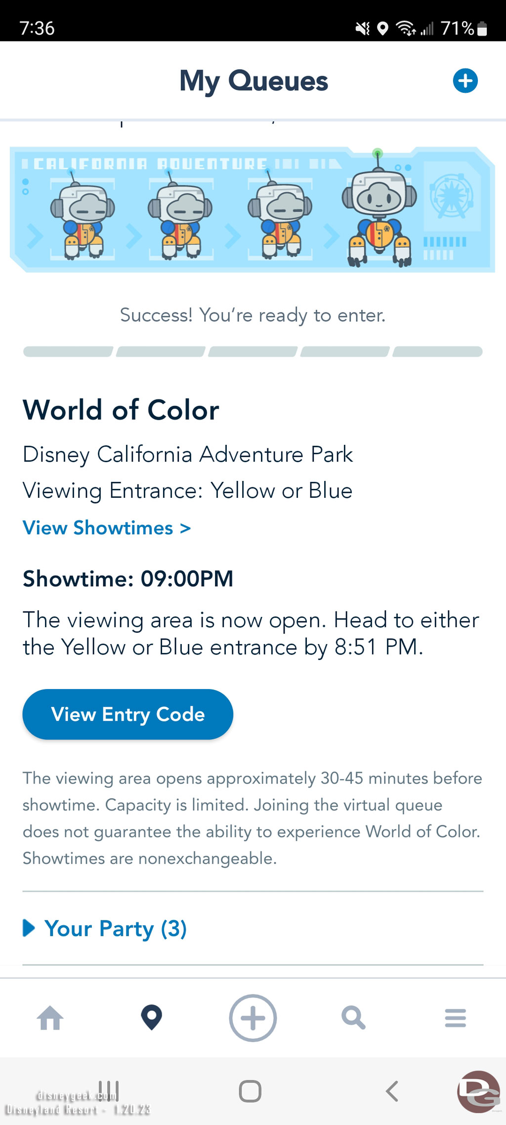 Received a push notification that the World of Color viewing area opened almost 90 minutes prior to show time.