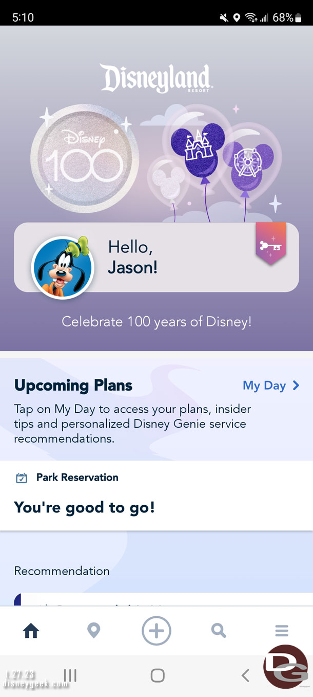 My day started off with an early morning wake up, before leaving for Anaheim checked the app to make sure all was good. Noticed Disney100 graphics now.