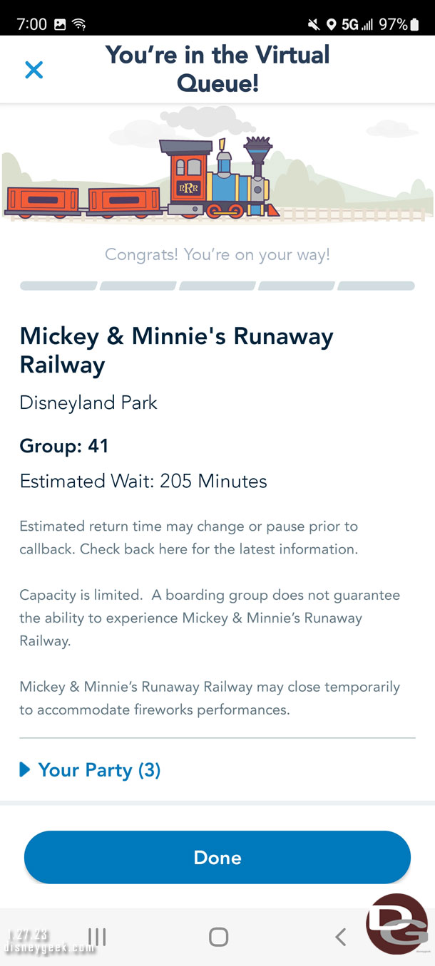 During breakfast I was able to secure a boarding group for Mickey and Minnie's Runaway Railway at 7:00am when they became available, they were gone nearly instantly.  Today is opening day for the attraction.