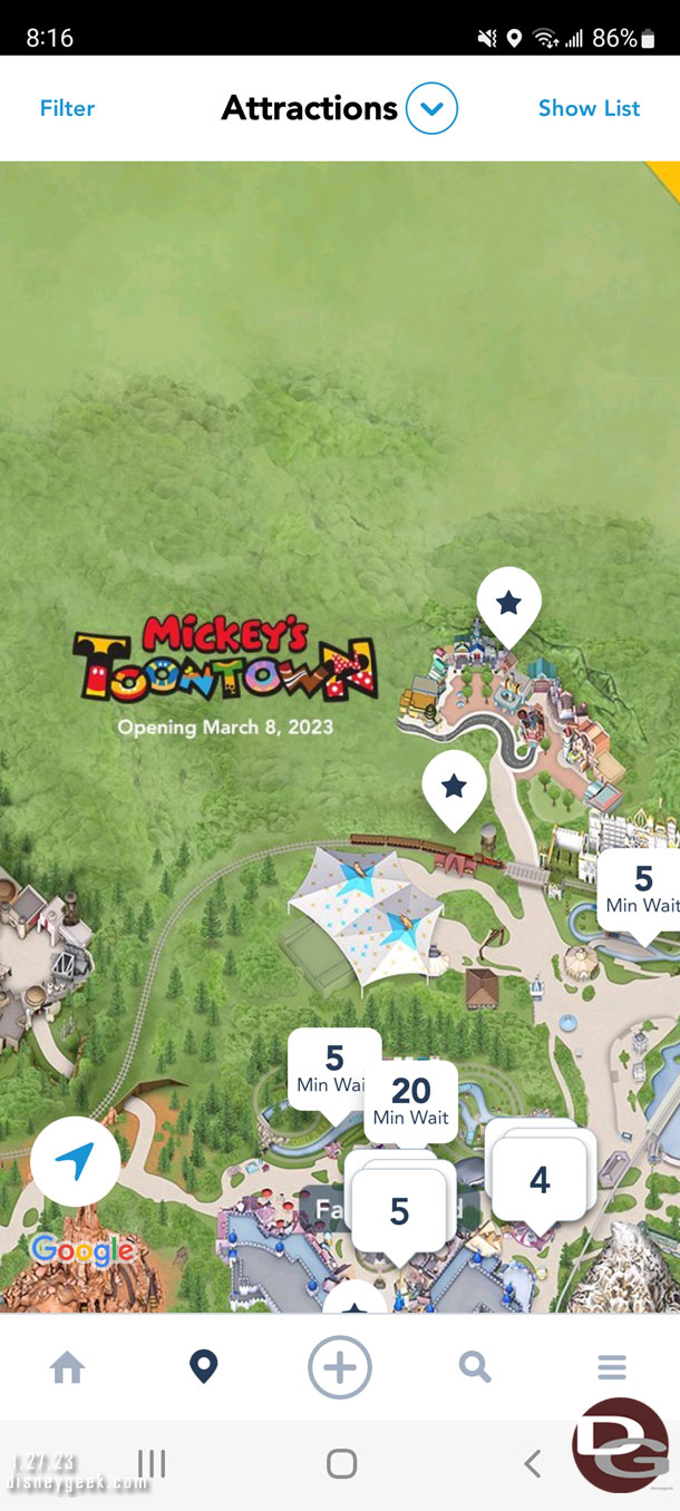 The map has just the first portion of Mickey's Toontown visible.