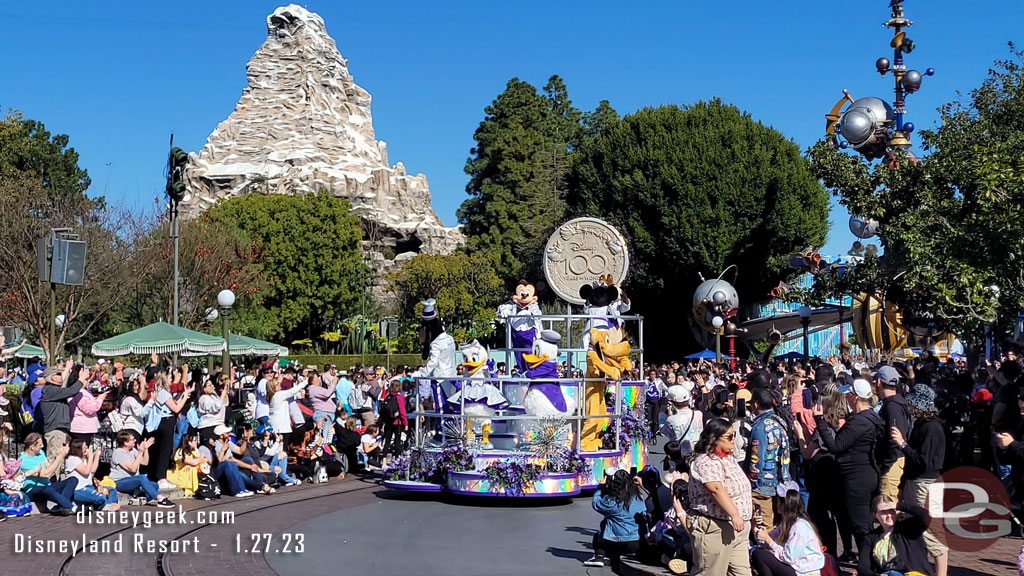 Mickey and the gang ride a float for the finale in their Disney100 outfits.