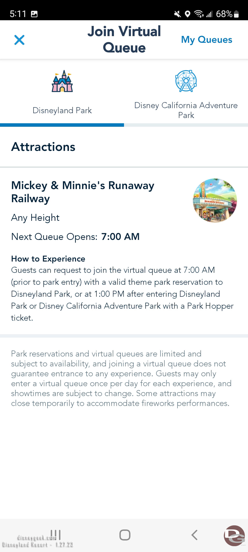 Confirmed the Virtual queue process before heading out.