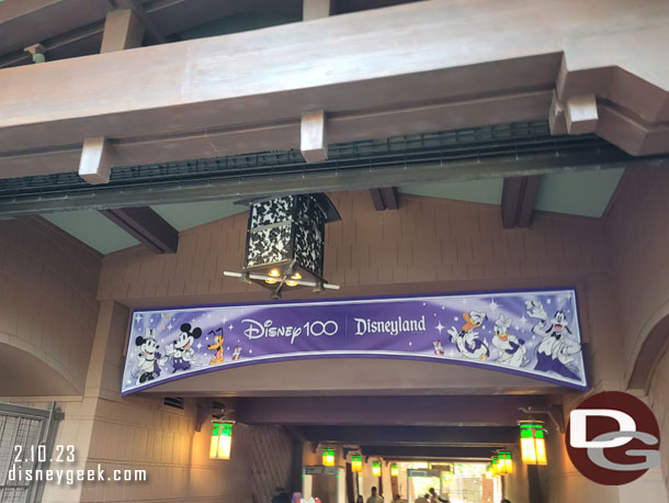 A Disney100 banner as you enter the Grand Californian Hotel.