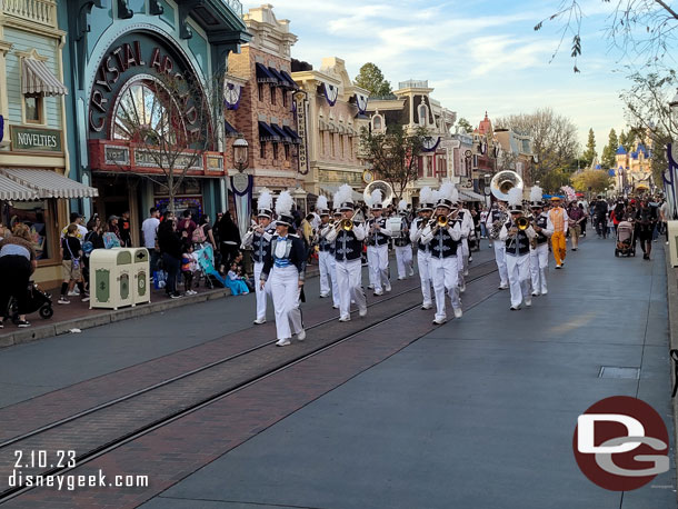 The Disneyland Band and entourage on their way to Town Square for the nightly Flag Retreat