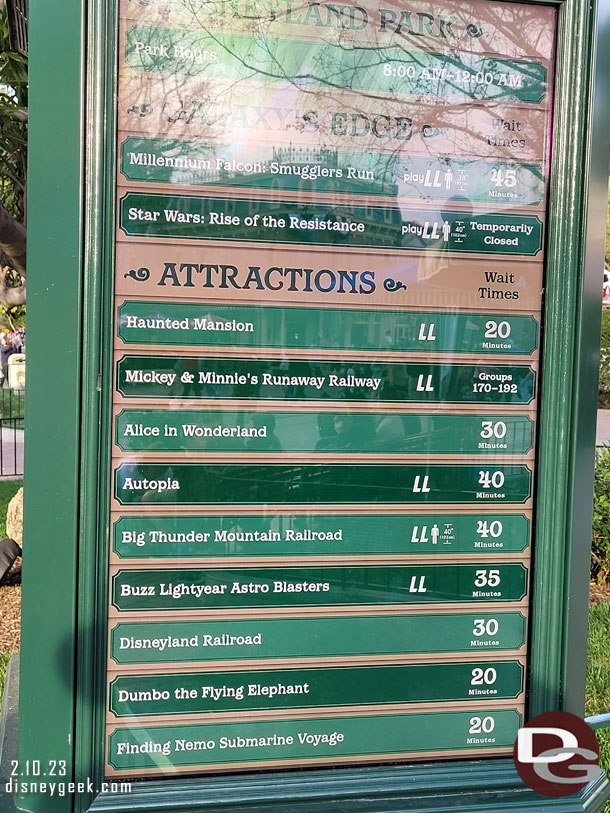 4:36pm - Disneyland Wait times.  Up to group 192..  the pace has slowed.  86 groups until mine and about 3 hours until they will stop calling groups before fireworks.