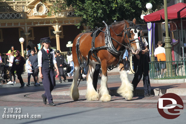 Cast members working with a new horse, they were making the circuit to get the horse used to the sights, sounds and route.