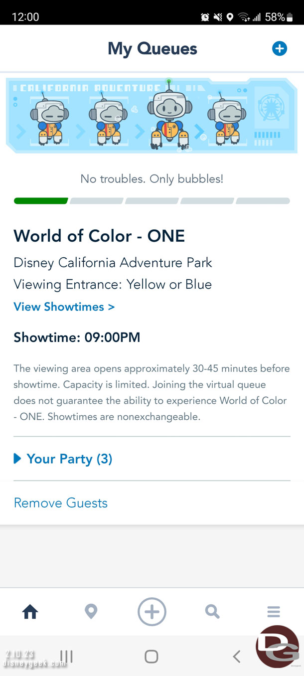 At noon I was successful in my attempt to pick up a World of Color - ONE virtual queue spot.