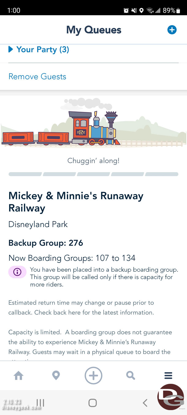 At 1:00pm I was partially successful in obtaining a virtual queue spot for Runaway Railway.  I received a backup boarding group.  If the attraction stayed on the current pace I would get called before World of Color.