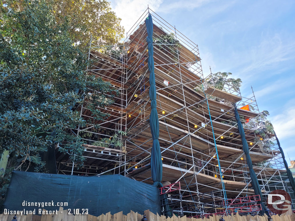 The scrims were drawn back on the tree house project allowing a look at the work.