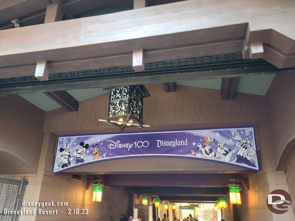 A Disney100 banner as you enter the Grand Californian Hotel.