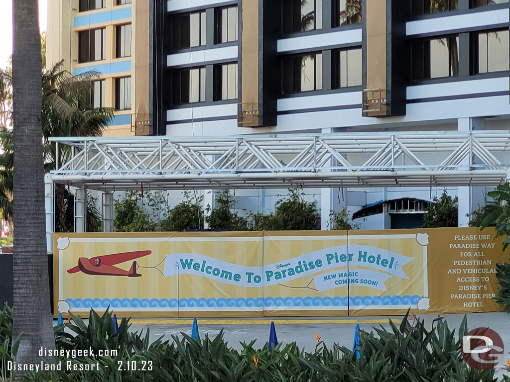 The lobby and front of the hotel are walled off and guests enter from the back.