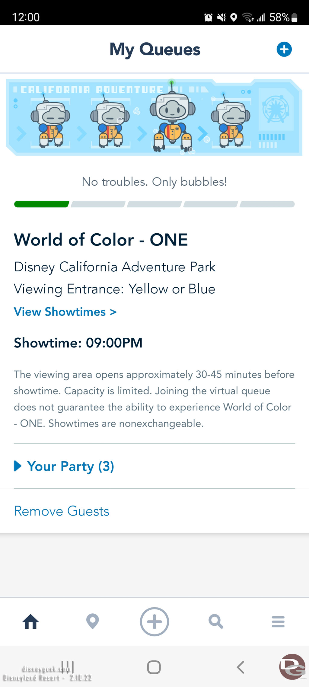 At noon I was successful in my attempt to pick up a World of Color - ONE virtual queue spot.