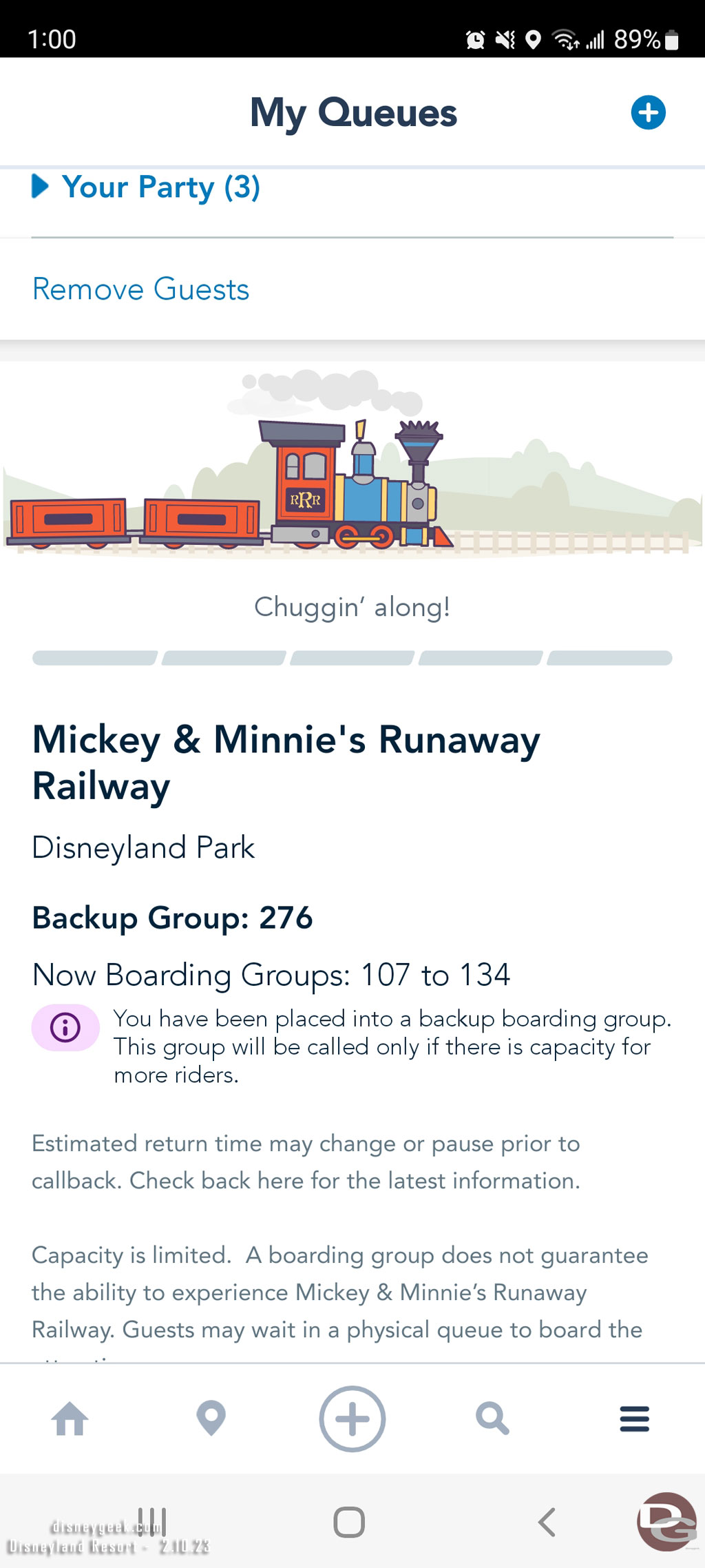 At 1:00pm I was partially successful in obtaining a virtual queue spot for Runaway Railway.  I received a backup boarding group.  If the attraction stayed on the current pace I would get called before World of Color.