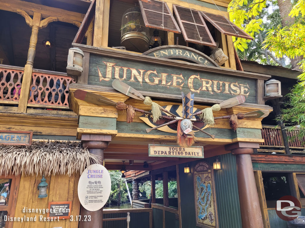 The Jungle Cruise wait was not too bad this afternoon, believe it was posted at 20 minutes when I walked by.