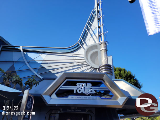 9:04am - Star Tours had a 5 min wait posted we walked right into the building then had a few minute wait to get through the merge point