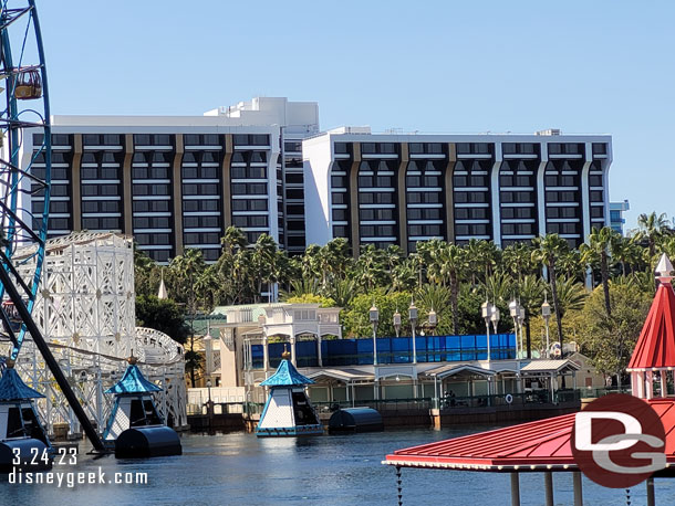 A better view of the Pixar Place Hotel waork. You can see some of the vertical portions that were cold are now being painted white.