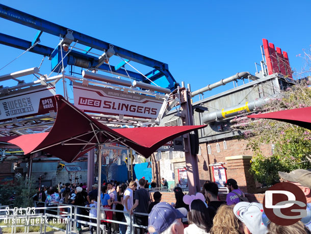 4:08pm - Posted for minute wait for WEB Slingers so got in line.  Moved into the queue then stopped as the attraction went down so exited and returned to Disneyland.