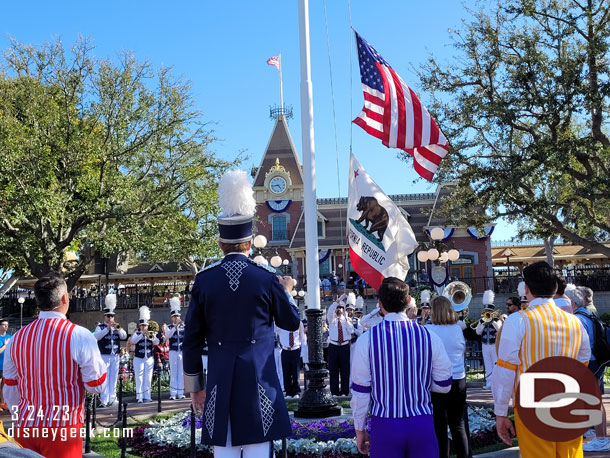 The Nightly Flag Retreat in Town Square featuring the Dapper Dans, Disneyland Band and the Disneyland Security Honor Guard