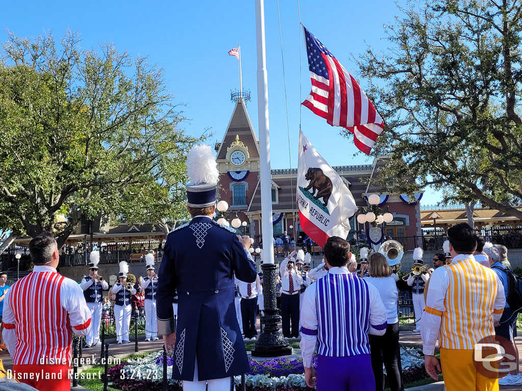 The Nightly Flag Retreat in Town Square featuring the Dapper Dans, Disneyland Band and the Disneyland Security Honor Guard