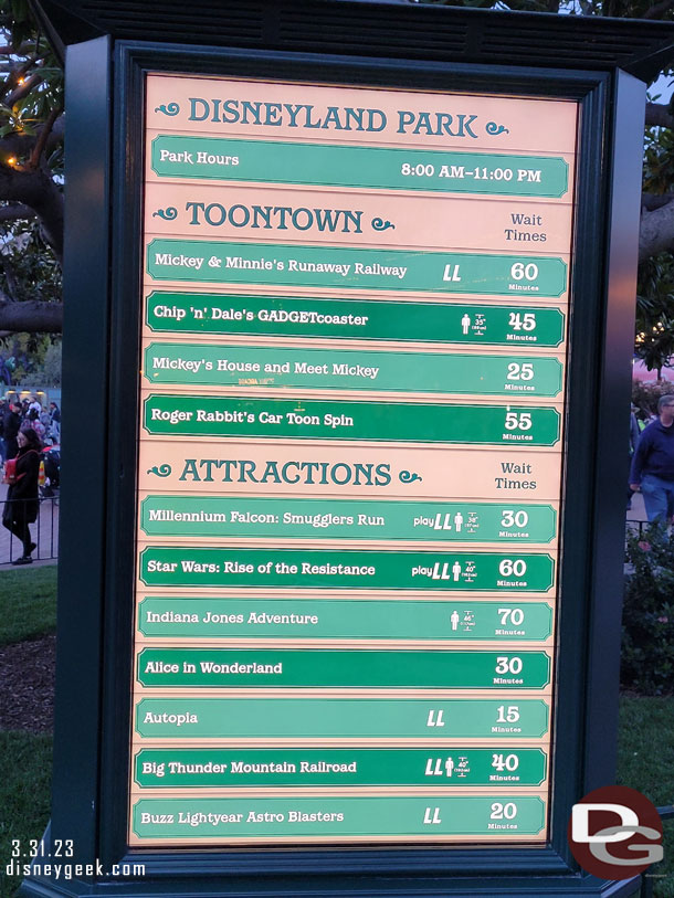 Some Disneyland wait times at 7:10pm