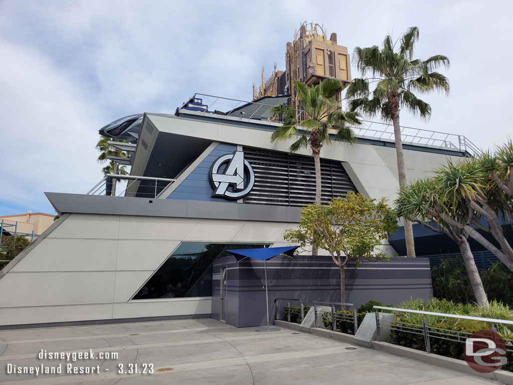 Out in Avengers Campus some walls have gone up on the side of the building.  A new gift shop will be opening at some point.  Today it looked like they were still clearing plants from the area.