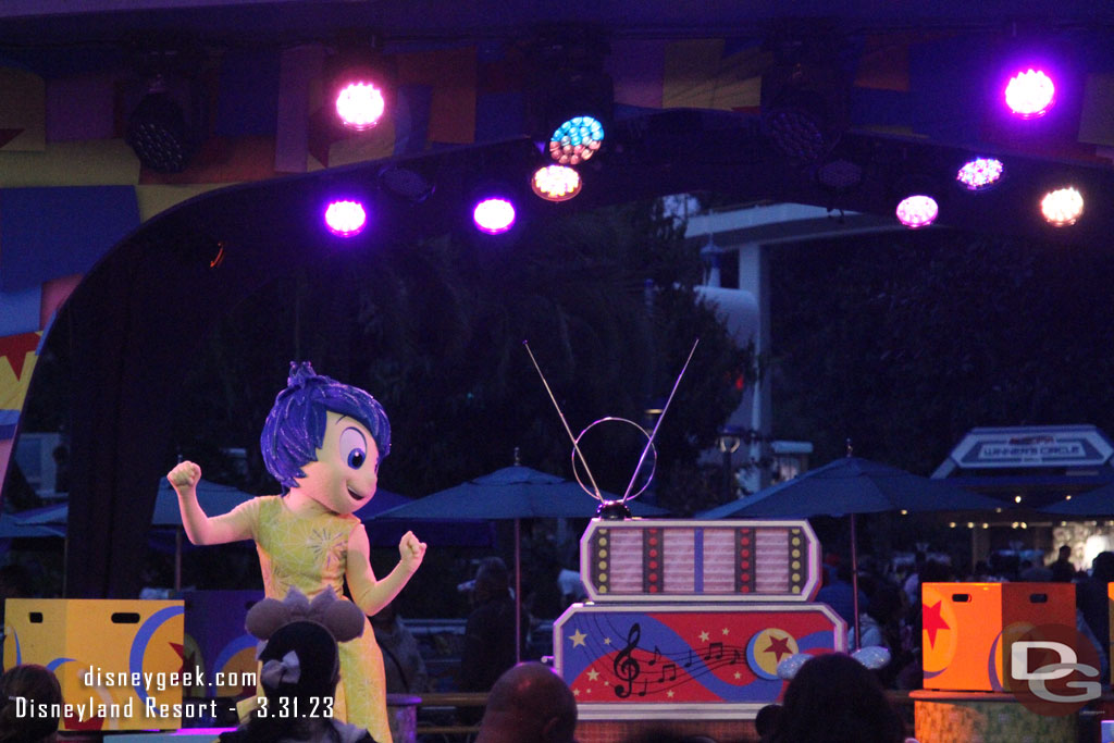 Passed by the Pixar Pals Dance Party. Joy was out by herself.  No host/DJ.