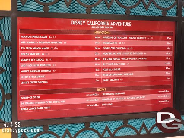 2:56pm - Some Disney California Adventure wait times