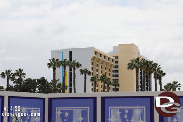 Not a whole lot of visible progress on the Pixar Place Hotel from this angle.