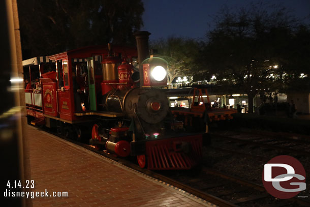 The Ward Kimball arriving to pick us up. Only two trains in operation this evening so it was almost a 30 minute wait from when we entered until we boarded.