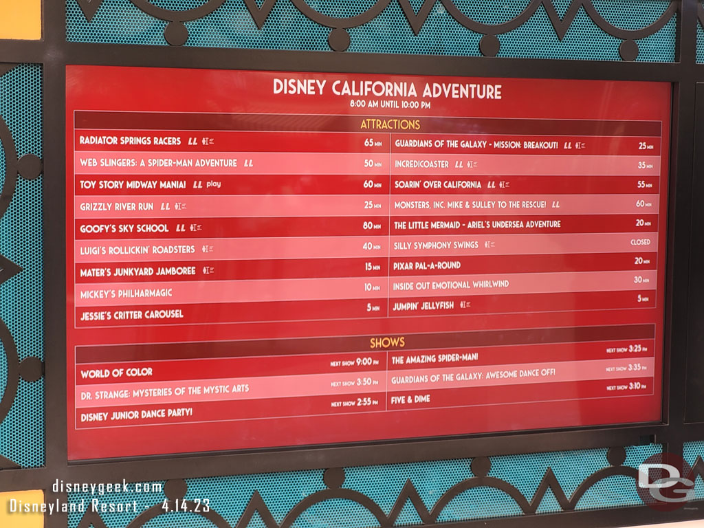 2:56pm - Some Disney California Adventure wait times