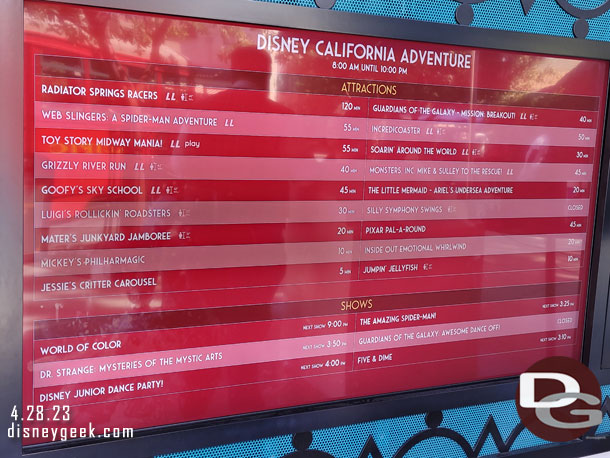 Disney California Adventure wait times at 3:10pm