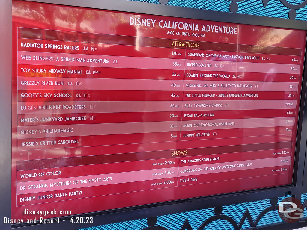 Disney California Adventure wait times at 3:10pm