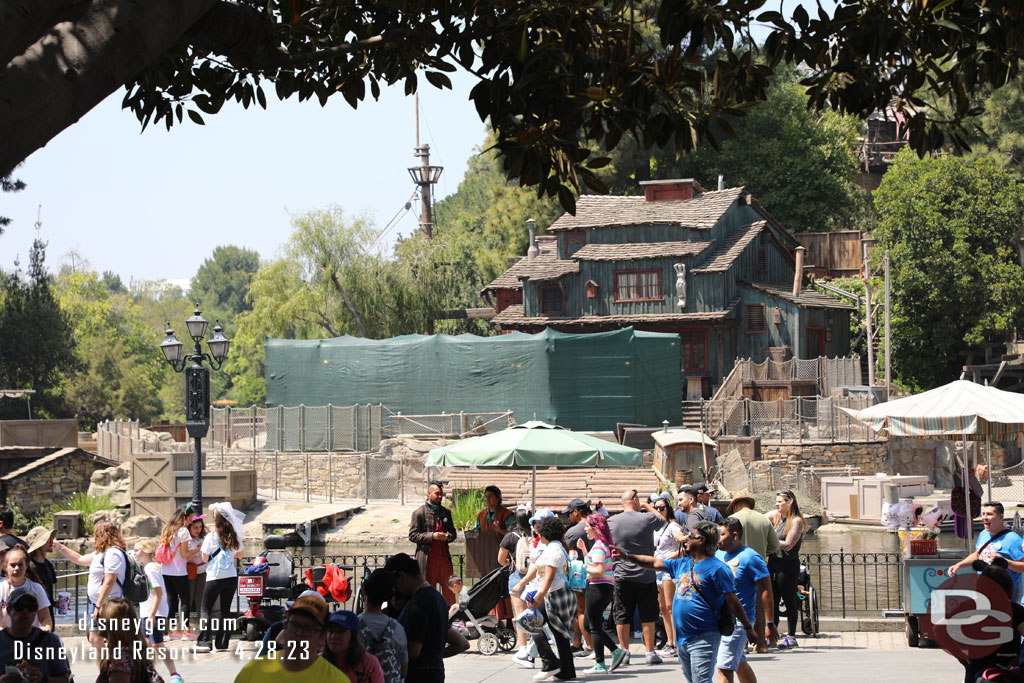 The Fantasmic stage has scaffolding up around the work on the Maleficent Dragon after the incident last week.