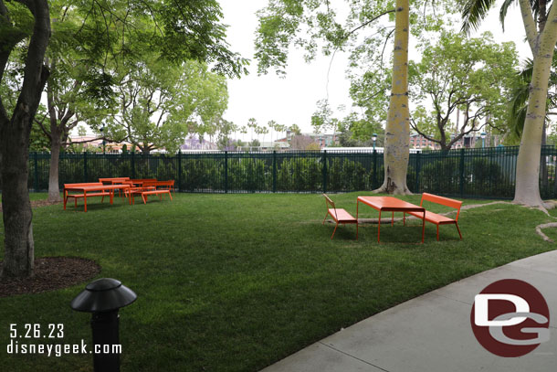 A few tables were out between the Adventure Tower and the walkway to Downtown Disney on the lawn.