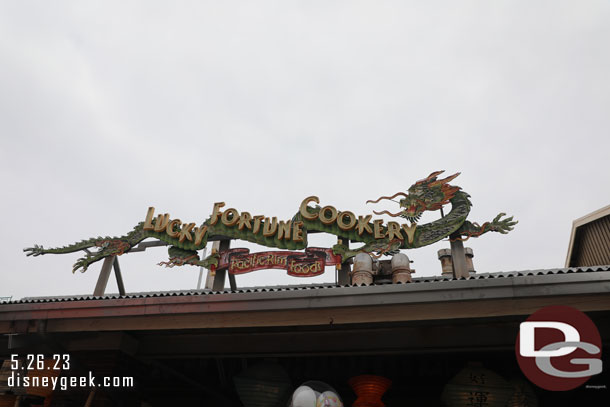 The Lucky Fortune Cookery sign is showing a lot of ware.